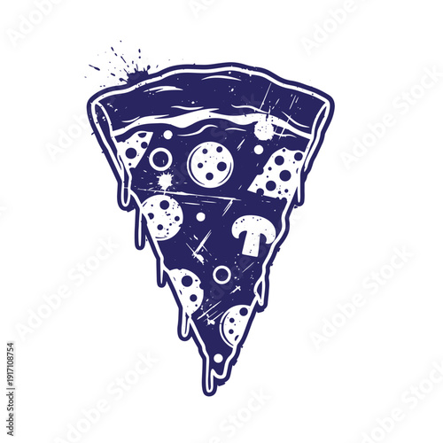 Grunge texture Blue illustration of a pizza slice with cheese and mushrooms on a white background  a tasty and appetizing food image Vintage Style