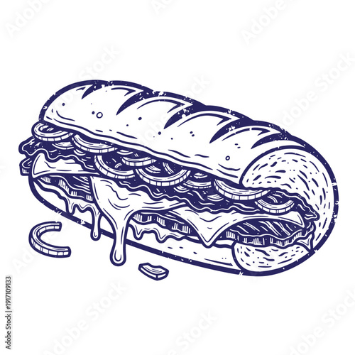 Grunge texture delicious sandwich with melted cheese and onions on a crusty bread roll  a tasty meal Vintage Style