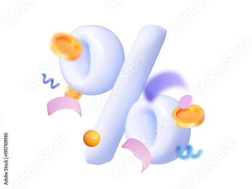 3D vector golden percentage sign with coins and holiday confetti. Concept of festive financial deposit, profitable investment and special celebration discount offer