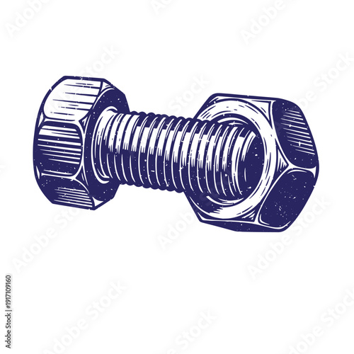 A detailed illustration of a large metal bolt with hexagonal nuts on both ends in a blue and white color scheme on a white background