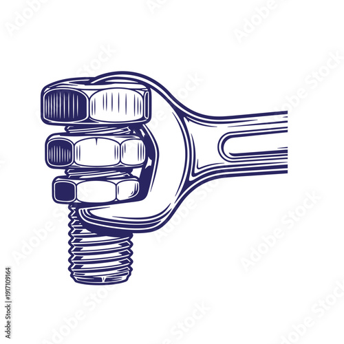 A hand holding a wrench and bolt turning screw in a workman like motion with blue lines on white background