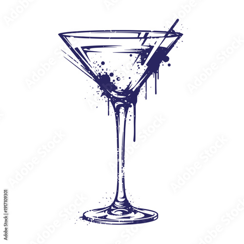 Grunge texture Drawing of a martini glass with a long stem and a cocktail stick on a white background Vintage Style