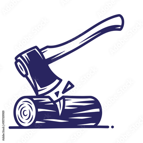Dark blue illustration of axe stuck in wooden log on white background  logging and woodcutting tool
