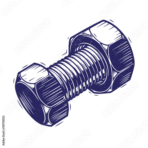 Detailed illustration of a single blue bolt with nuts on both ends on white background
