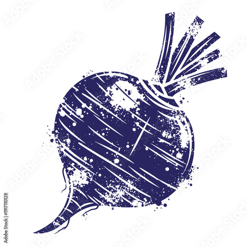 Grunge texture navy blue beetroot with green leaves drawing on white background Vintage Style