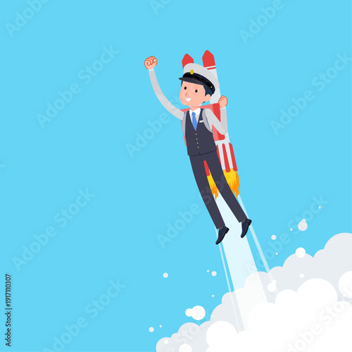 ロケットジェットで飛び立つ運転手男性のセット