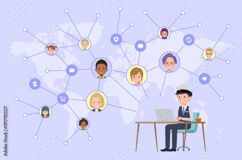 PCを操作してソーシャルメディアで情報を発信している運転手男性のセット