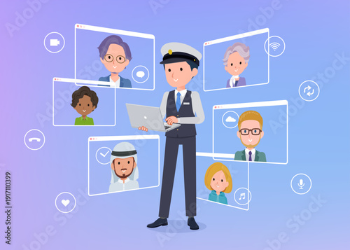 ノートパソコンを使ってオンラインコミュニケーションをとっている運転手男性のセット