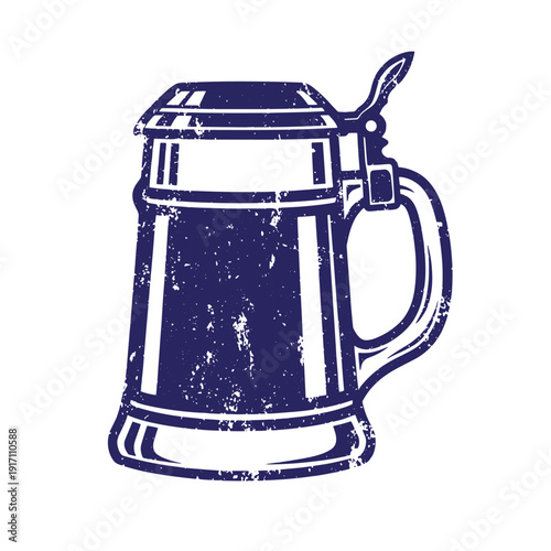 Grunge texture Vintage beer mug with lid and handle in distressed illustration style on white background Vintage Style