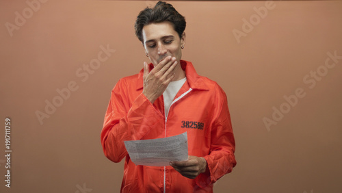 Fényképezés Man prisoner in orange jumpsuit holds document, hand to mouth, in studio; quiet remorse reflection solitude