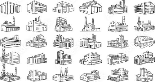Fotografia Monochrome Hand Drawn Industrial Buildings and Factories Line Art Collection - D
