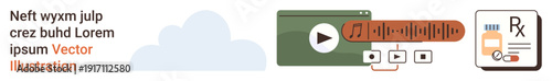 Digital tools, content creation, health services, cloud storage, online medicine, multimedia. Audio player, cloud icon and prescription. Digital tools and health services concept