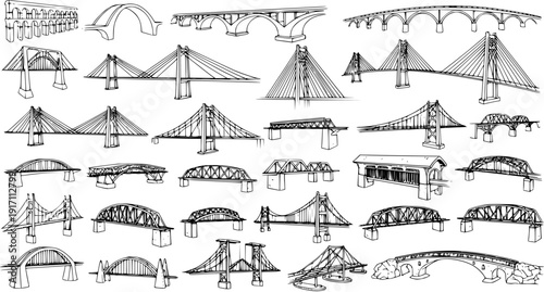 Hand-drawn sketch collection of various bridge types, illustrating architectural engineering and structural designs.