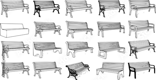 Collection of various park bench designs in black and white line art style, featuring different shapes, materials, and classic outdoor seating for public spaces