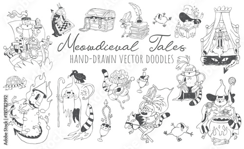Doodle hand drawn fantasy fairytale cartoon characters, tattoo style storybook clipart set