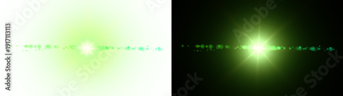 Green lens flare abstract background with bright light beam and bokeh particles in motion on dark backdrop