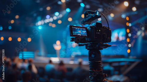 A professional video camera set up in a dimly lit auditorium.