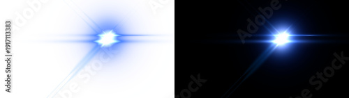 Bright blue light beam with circular flare, isolated photography