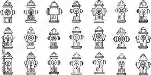 Detailed collection of 21 black and white line art fire hydrants, showcasing diverse designs from classic to contemporary, perfect for vector illustrations and safety themes.