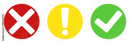 Set of round colorful informative icons featuring a white cross on red circle yellow exclamation mark and green check mark symbols for status message approval warning and error identification in user 