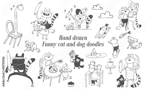 Doodle hand drawn cartoon cat characters, tattoo style storybook clipart set