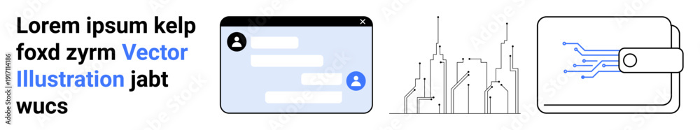 Obraz premium Digital communication, urban planning, abstract technology, financial security, smart cities, data systems. Chat interface, cityscape wallet design with chip. Digital communication and urban