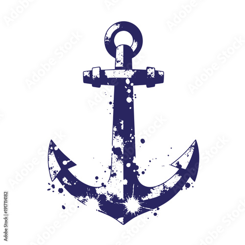 Grunge texture Grungy navy blue anchor with white paint splatters on white background  nautical symbol Vintage Style