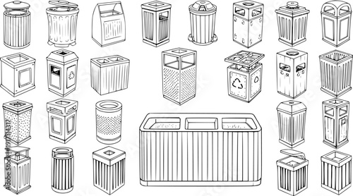 Detailed Hand-Drawn Set of Various Trash Cans and Recycling Bins in Black and White Outline Style, Illustrating Waste Management and Public Disposal Solutions