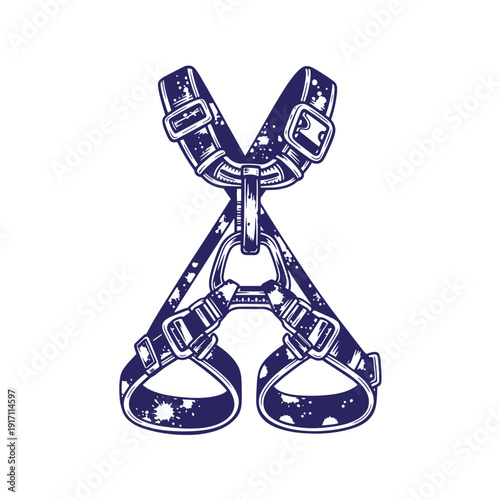 Grunge texture Navy blue illustration of a climbing harness with straps and buckles on white background Vintage Style