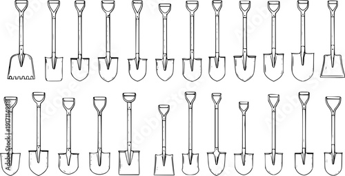 Detailed line art illustration set featuring various types of shovels and spades for gardening, construction, agriculture, and general digging work.