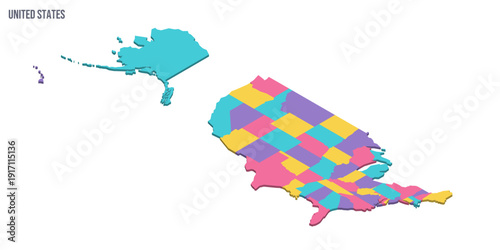 United States of America political map of administrative divisions - states and federal district Washington, D.C. Colorful isometric blank vector map.