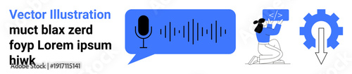 Communication, programming, automation, software development, voice analysis, workflow efficiency. Speech bubble with microphone, developer coding and gear symbol. Communication and programming
