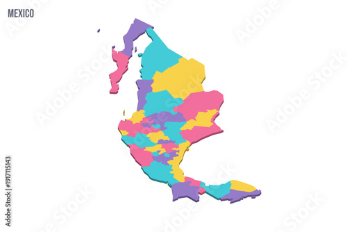 Mexico political map of administrative divisions - states and Mexico City. Colorful isometric blank vector map.