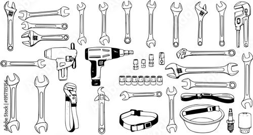 Hand-drawn illustration set of various mechanic and repair tools, including wrenches, sockets, power drills, and accessories, perfect for automotive and maintenance projects.