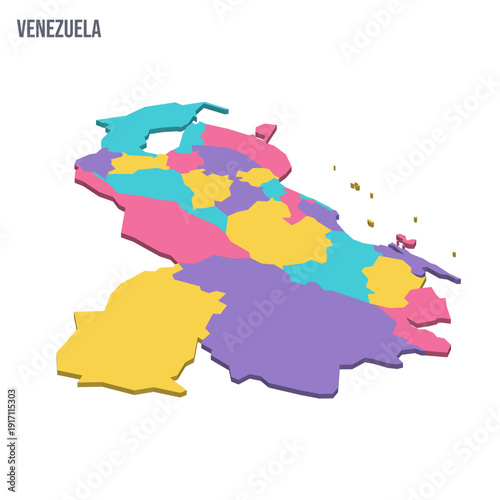 Venezuela political map of administrative divisions - states, capital district and federal dependencies. Colorful isometric blank vector map.
