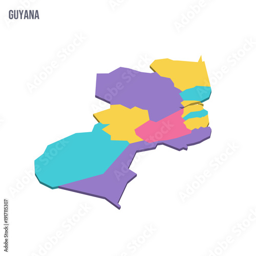 Guyana political map of administrative divisions - regions. Colorful isometric blank vector map.