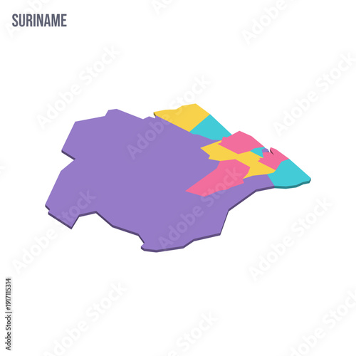 Suriname political map of administrative divisions - districts. Colorful isometric blank vector map.