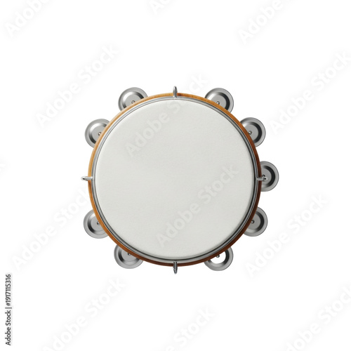 high quality flat lay of detailed brazilian pandeiro with wood frame, white goatskin head, and metallic jingles, isolated on studio white background, concept of brazilian culture and music