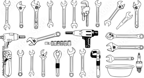 Vector Outline Collection of Mechanic Tools: Wrenches, Sockets, Impact Gun, Spark Plug, and Repair Equipment