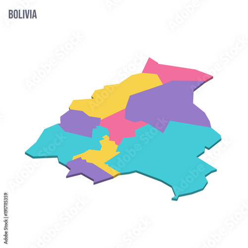 Bolivia political map of administrative divisions - departments. Colorful isometric blank vector map.