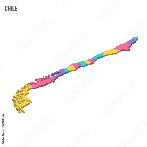 Chile political map of administrative divisions - regions. Colorful isometric blank vector map.