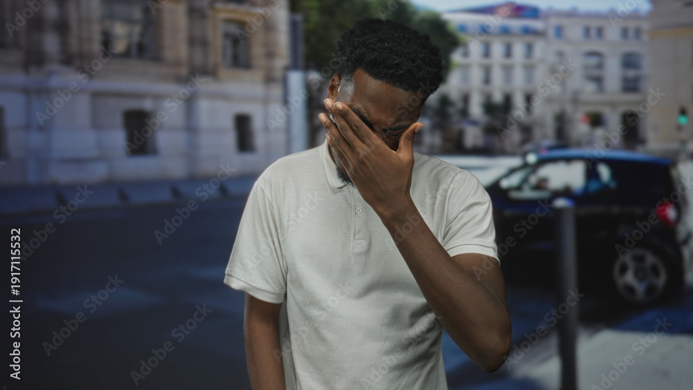Fototapeta premium Man wipes tear from eye on street in morning light with hand touching eye and subtle grimace; sadness.