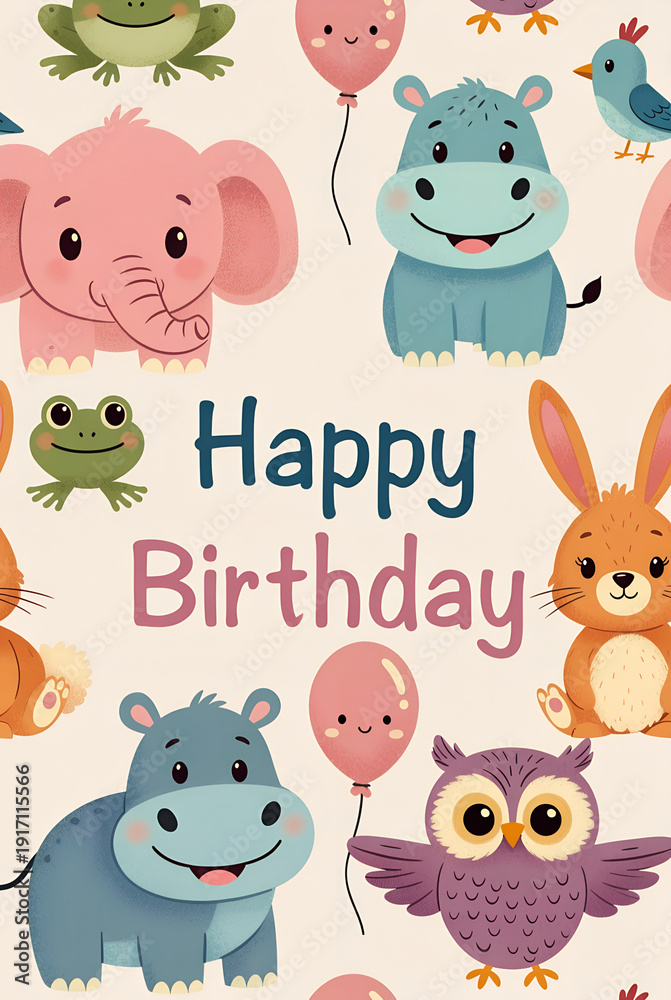 Obraz premium Cute Baby Animals Happy Birthday Card. Adorable Elephant, Hippo, Owl and Bunny Greeting Design. Whimsical Nursery Wall Art, Kids Party Invitation and Pastel Pattern Background for Toddler Celebration.