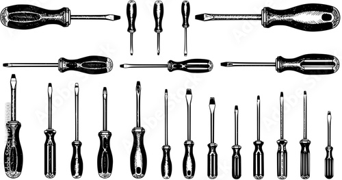 Vintage Engraved Screwdrivers Set: A Detailed Black and White Illustration of Various Flat-Head Hand Tools for Repair and Construction