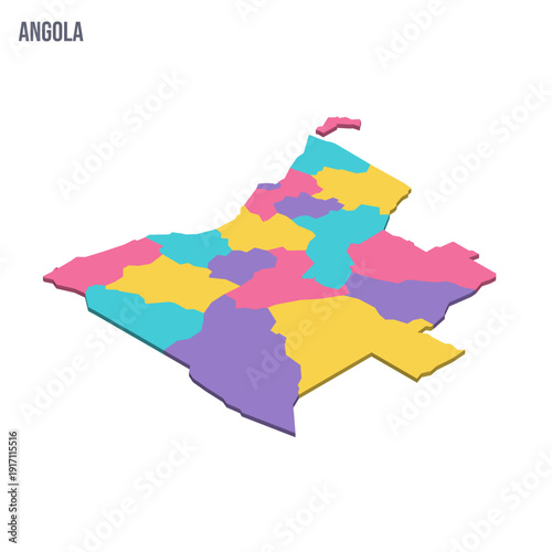 Angola political map of administrative divisions - provinces. Colorful isometric blank vector map.