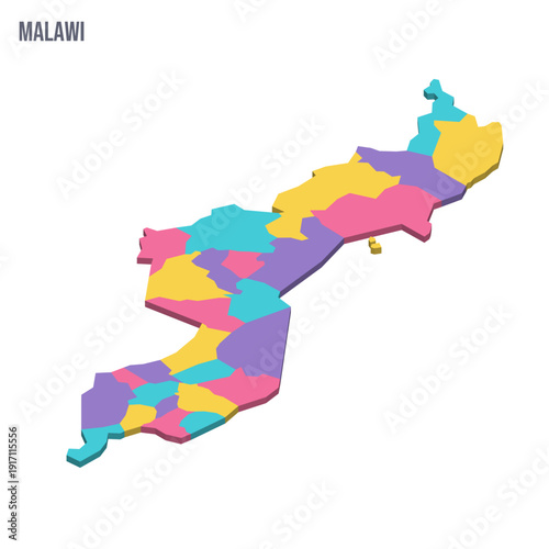 Malawi political map of administrative divisions - districts. Colorful isometric blank vector map.