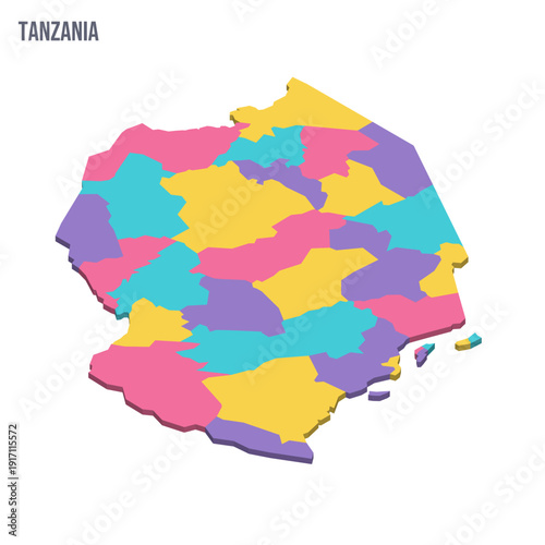 Tanzania political map of administrative divisions - regions. Colorful isometric blank vector map.