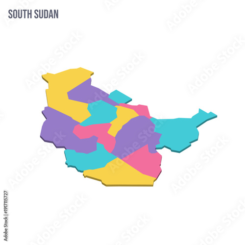 South Sudan political map of administrative divisions - states, administrative areas and area with special administrative status. Colorful isometric blank vector map.