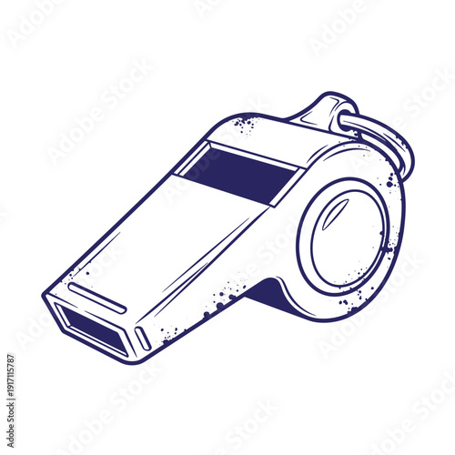 Grunge texture Vintage style illustration of a single blue referee whistle with a ring on top  monochrome design element Vintage Style