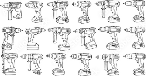 Seamless pattern of various hand-drawn cordless drills in black and white outline, perfect for DIY, construction, or workshop-themed designs and backgrounds.